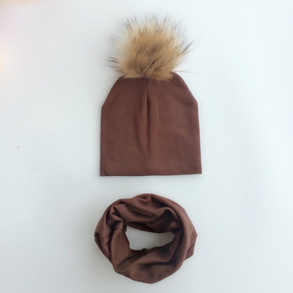 Kinderen Pom Pom Hoed Herfst Winter Baby Hoed Meisjes Jongens Cap Kids Beanie Bonnet Kraag Sjaal Set Baby Cap fotografie Props: 2 coffee