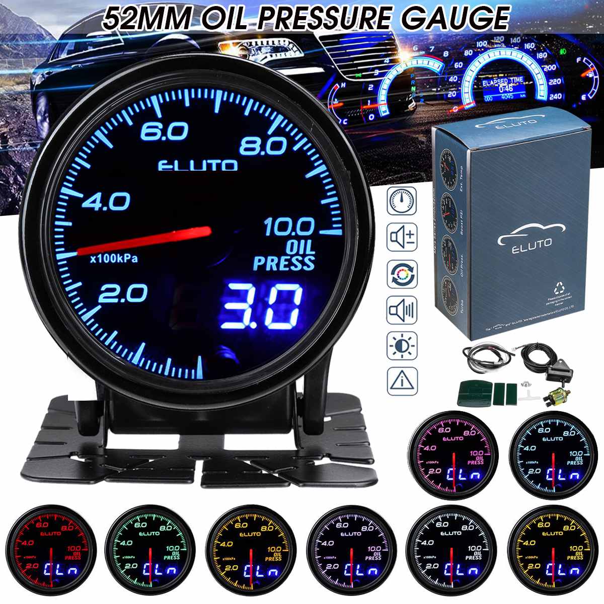 2" 52mm Dual Digital Turbo Boost PSI Bar Water Oil Temp Pressure Volt EGT Gauge: oil pressure gauge