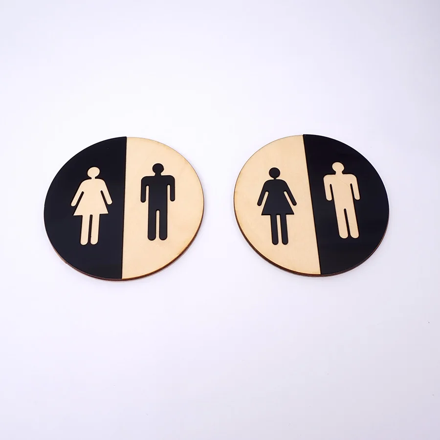Acrylic Toilet Door Signs for Bathroom and WC Rules Signage Men Women Wooden Round Washroom Toilet Mirror Wall Sticker Decor