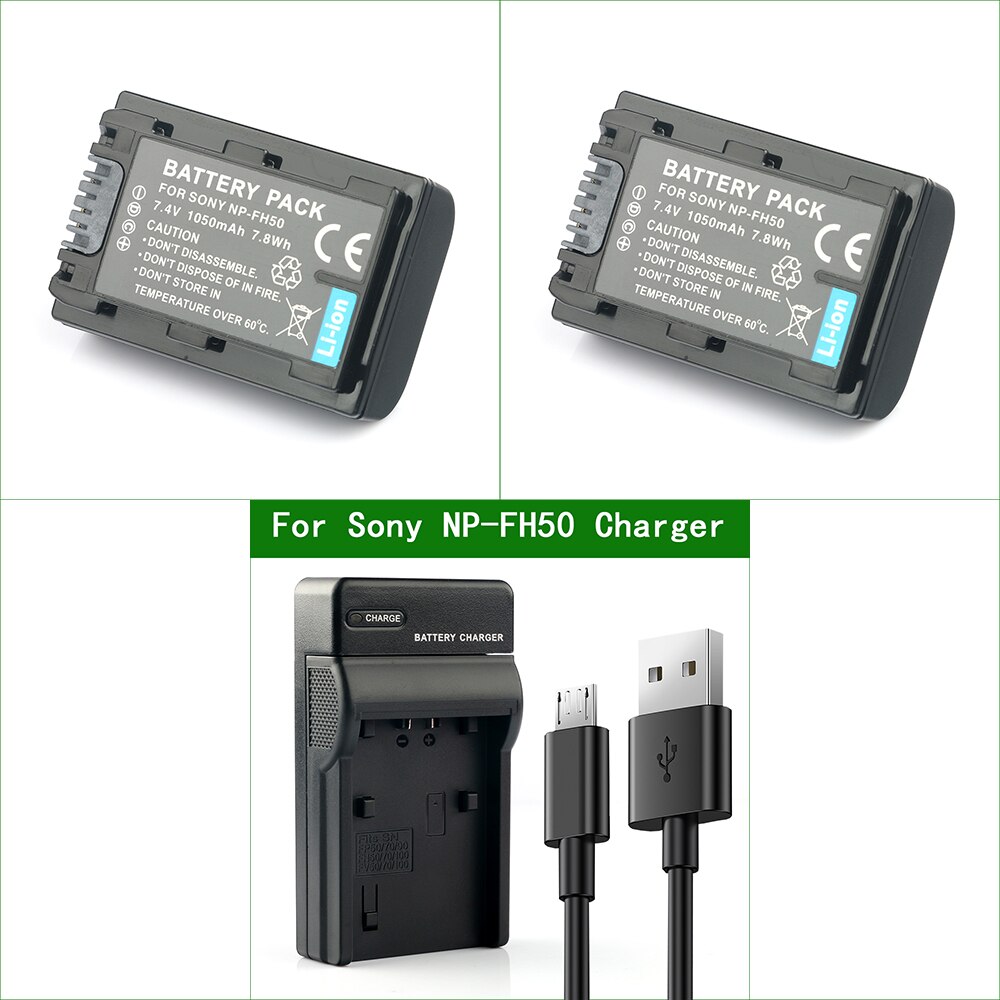 LANFULANG NP-FH50 NP FH50 batería para cámara Digital + cargador para Sony NP FH30 FH40 FH60 FH70 FH100 DCR SR35 SR42 SR45 SR82: 2Battery 1Charger