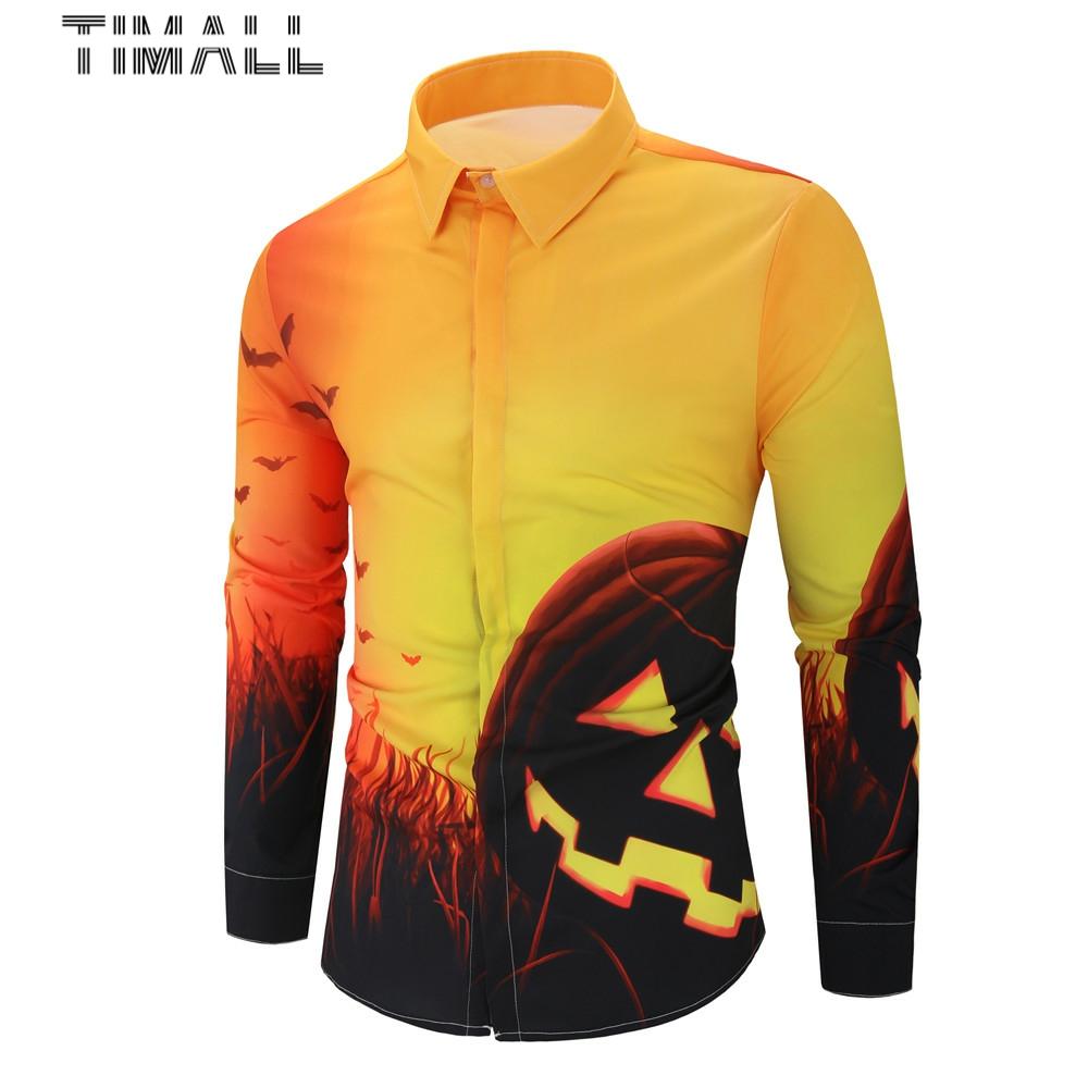 Male Shirt Casual Long Sleeve Button Shirt for Men Halloween Printed Pumpkin Shirts Men Plus Size