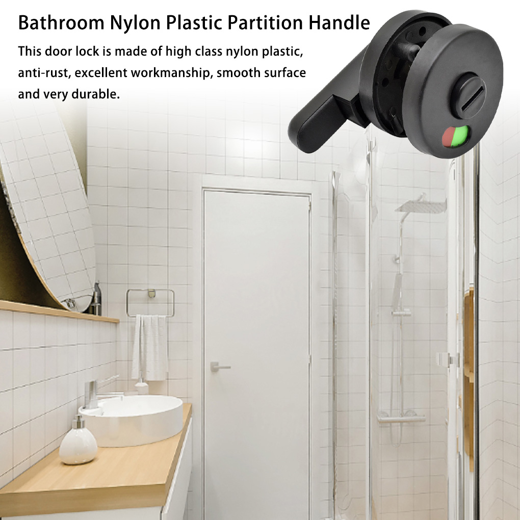 Bathroom partition made of plastic, public toilet, black, free, engaged, lock indicator, door locks, padlock, outdoor hardware