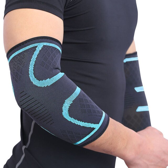 1 paar elleboogbeschermers elastische ondersteuning sport elleboogbeschermer absorberen zweet sport basketbal arm mouw elleboogbrace: Blauw / M