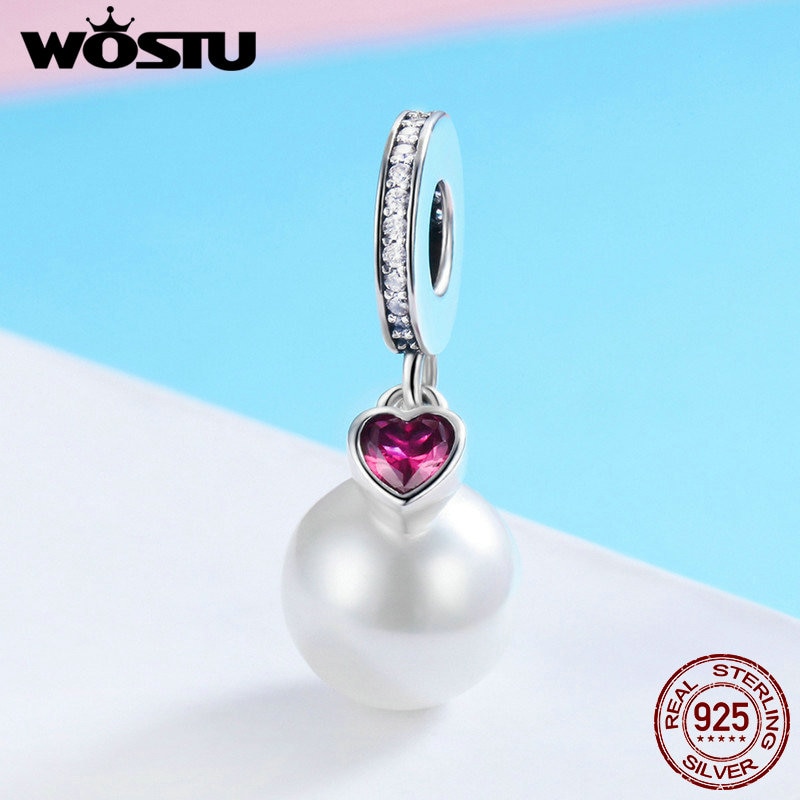 WOSTU 100% 925 Sterling Silver Pearl Heart CZ Pendant Charms fit Original Women Bracelet Necklace Jewelry CQC782