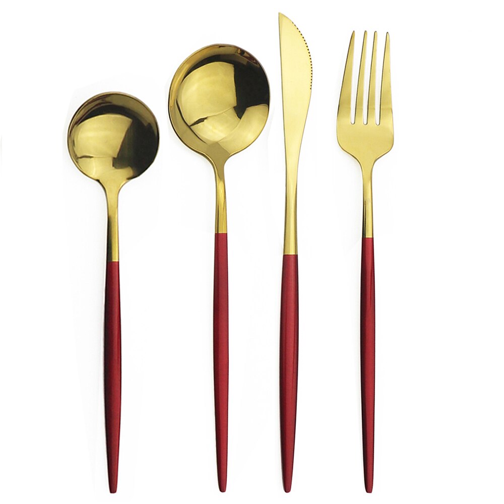 JANKNG 4Pcs Black Dinnerware Set Dessert Spoon Flatware Set Stainless Steel Tableware Mirror Kitchen Gold Cutlery Silverware Set: Pink Gold