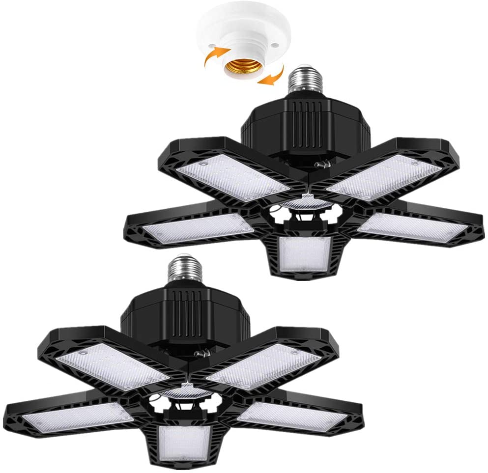 LED Garage Light E26/E27 Deformable Ceiling Light Warehouse Lighting Bulb with 5 Adjustable Panels For Home Workshop: 2pcs Black