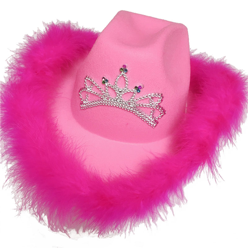 Western Style Tiara Pink Cowgirl Hat For Women Girl Tiara Cowgirl Hat Cowboy Cap Adult Hats Costume Party Hat: B - purple feather