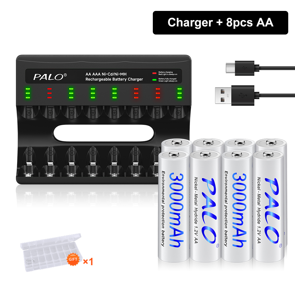 1.2V AA AAA NIMH Baterías Recargables 2A 3A + 8 Ranuras USB-C Cargador de Batería Rápido Con cable para juguetes linterna Ratón Mando a Distancia: Verde militar