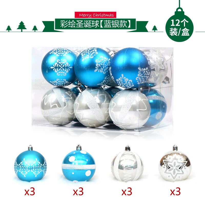 12 stk / pakke flerfarvet pvc 6cm juledekoration hængende ornamentkugle til juletræ bryllupsfødselsdagsfest hjemindretning: Blå sølv