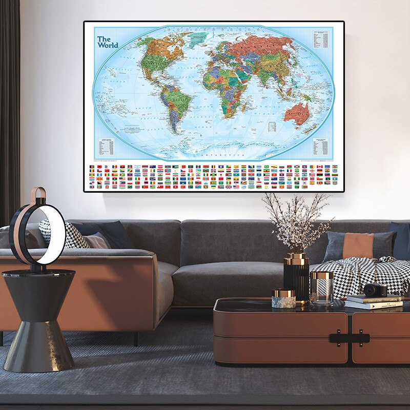 Världskartan med nationella flaggor 150 x 100cm non-woven canvas målning väggkonstaffisch för kultur och utbildning heminredning