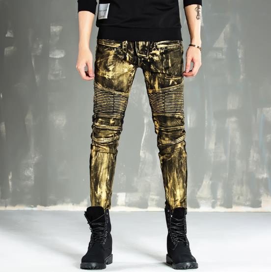 Pantalones estilo motero para hombre , vaqueros de motorista dorados y amarillos con revestimiento ostentoso, pantalones ajustados, pantalones de retales para hombre, vaqueros de talla grande para hombre
