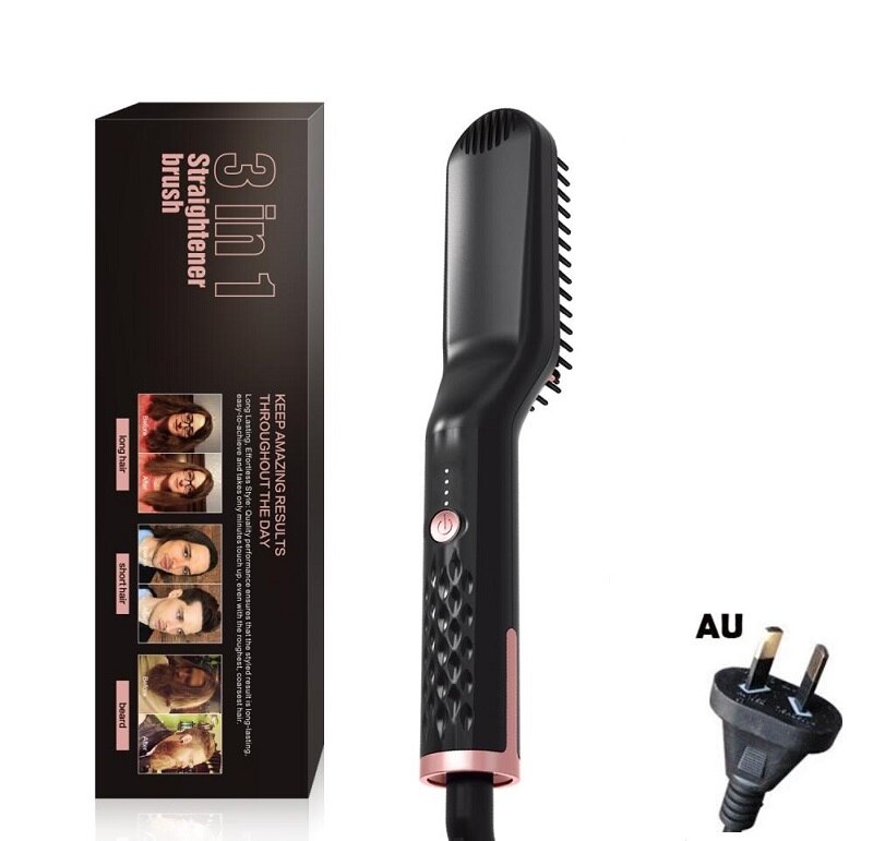 Cepillo eléctrico 3 en 1 para alisar y alisar el cabello para hombres, peine para Barba y plancha, keratina, cepillo de estilismo: AU black with box