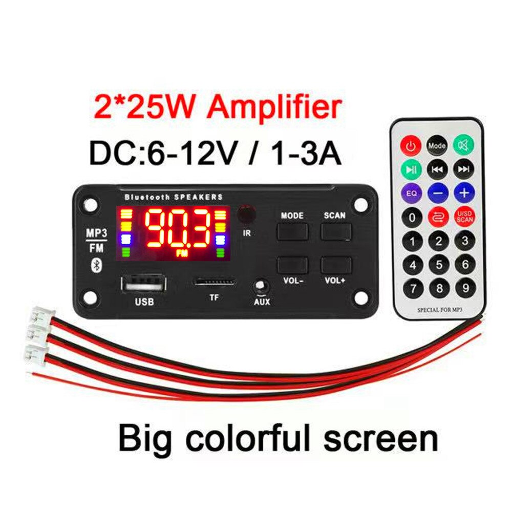 2*25W 50W Amplifier MP3 Player Decoder Board 6V-18V Bluetooth 5.0 Car FM Radio Module Support TF USB AUX: black