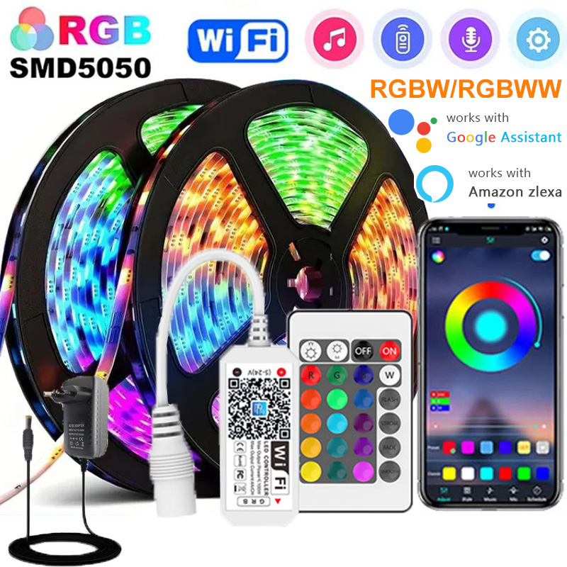 RGBWW WIFI LED Strip Lights 5050 RGBW LED Flexible Ribbon Tape APP Control +Power Supply Works With Alexa Google for Home Decor