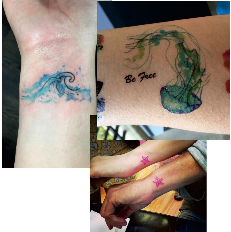 T1804 1 stykke havfrue hav midlertidig tatovering med tatoveringer med skæl, havstjerne, hval, vandmænd og vandmønster kropsmaling