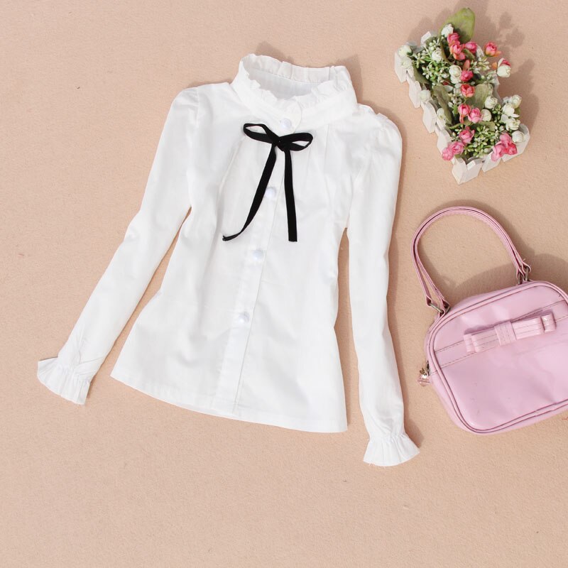 2-15 jaar katoenen witte blouses voor kinderen meisjes casual kinderen strik shirts lente herfst tienermeisjes lange mouwen tops: Wit / 4t