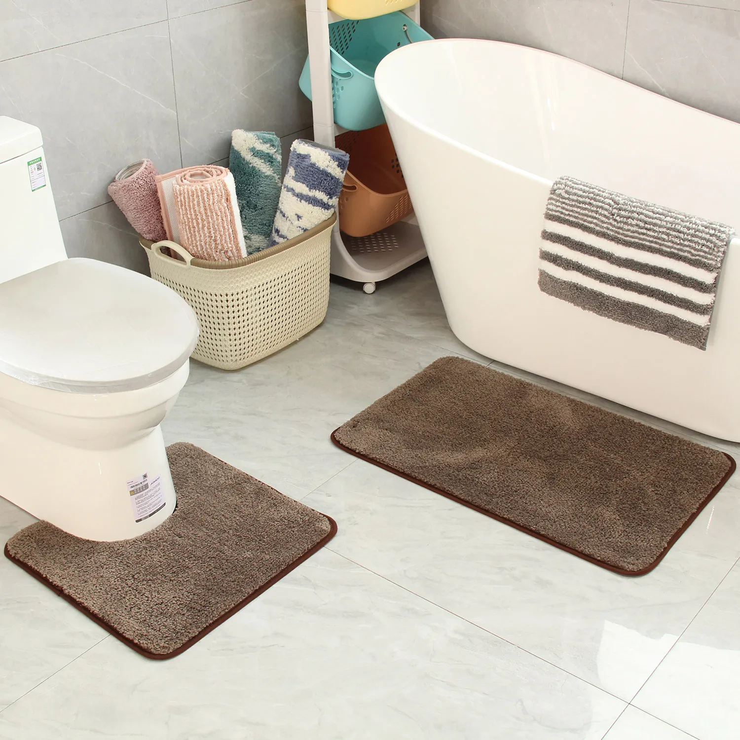 two-piece bathroom non-slip mat U-shaped set flocked absorbent foot mat for toilet and shower: BROWN