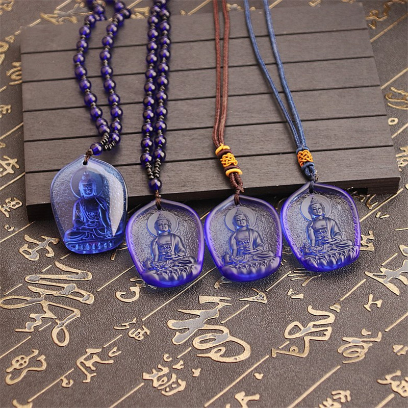 Unik naturlig blå krystal udskåret buddha heldig amulet vedhæng halskæde til kvinder mænd sweater vedhæng smykker