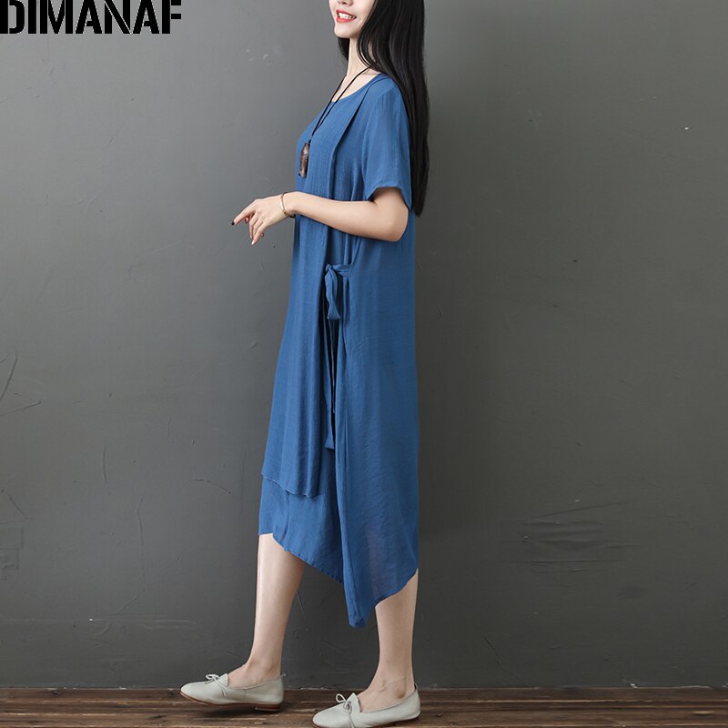 DIMANAF-vestido MIDI holgado informal de algodón y lino para verano, traje holgado Estilo Vintage para mujer, talla grande,
