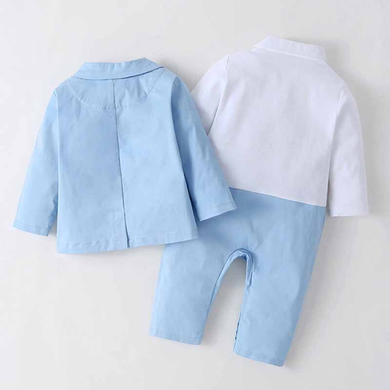 Født drenge babytøj herre butterfly blåt jakkesæt sæt baby langærmet jumpsuit dreng børn rompers+frakke gifte kjoler