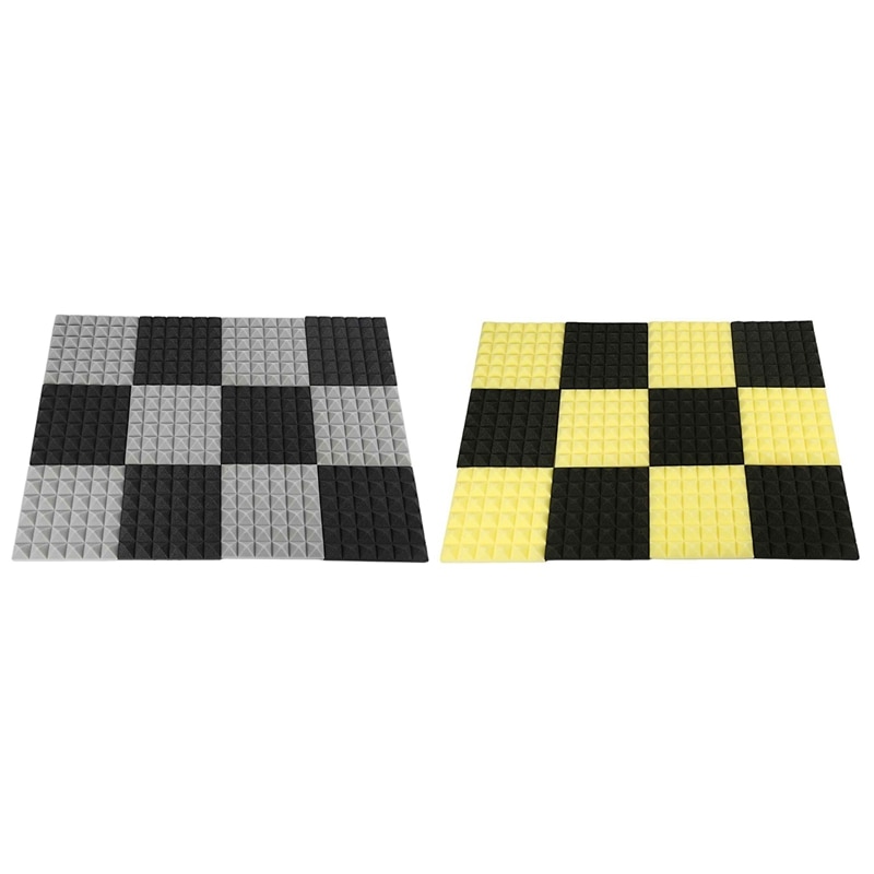 24 Uds., baldosas de espuma acústica de carbón, paneles de espuma insonorizantes, acolchado de sonido de estudio de 2X10X10 pulgadas, 12 uds, amarillo y 12 Uds. Gris: Default Title