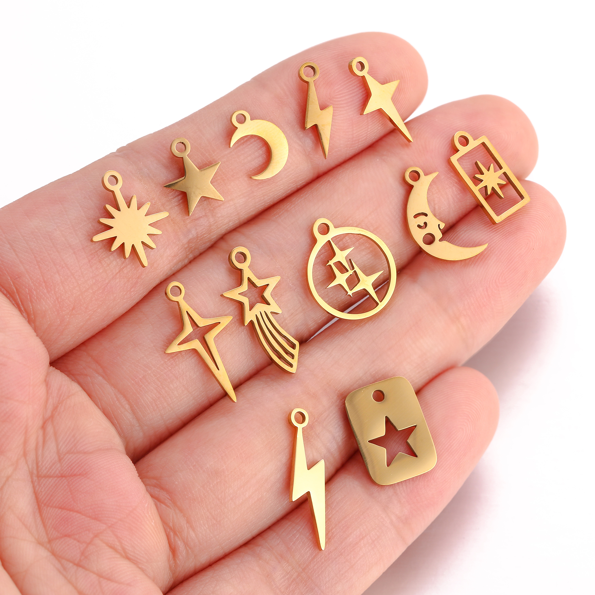 Lote de 5 unidades de Mini dijes de estrella Celestial, colgante de pentagrama/estral/Meteor/luna de acero inoxidable DIY para pendientes, pulseras, fabricación de joyas