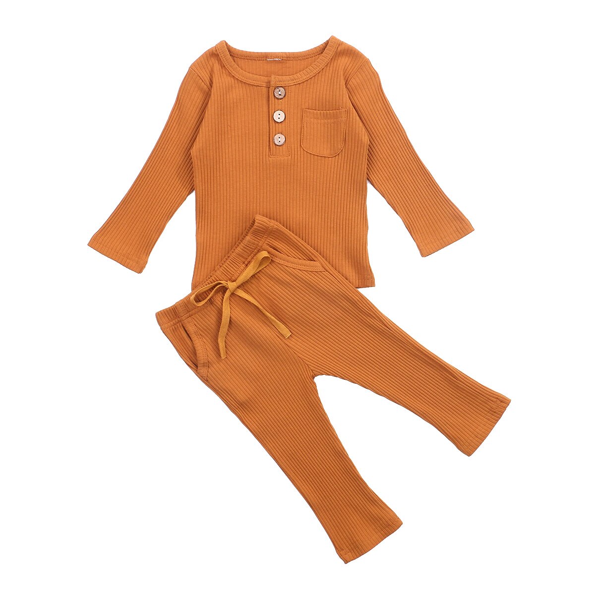 Focusnm 0-5y outono inverno crianças meninas meninos sleepwear define sólido malha manga comprida pulôver tops calças 3 cores: Marrom / 18M