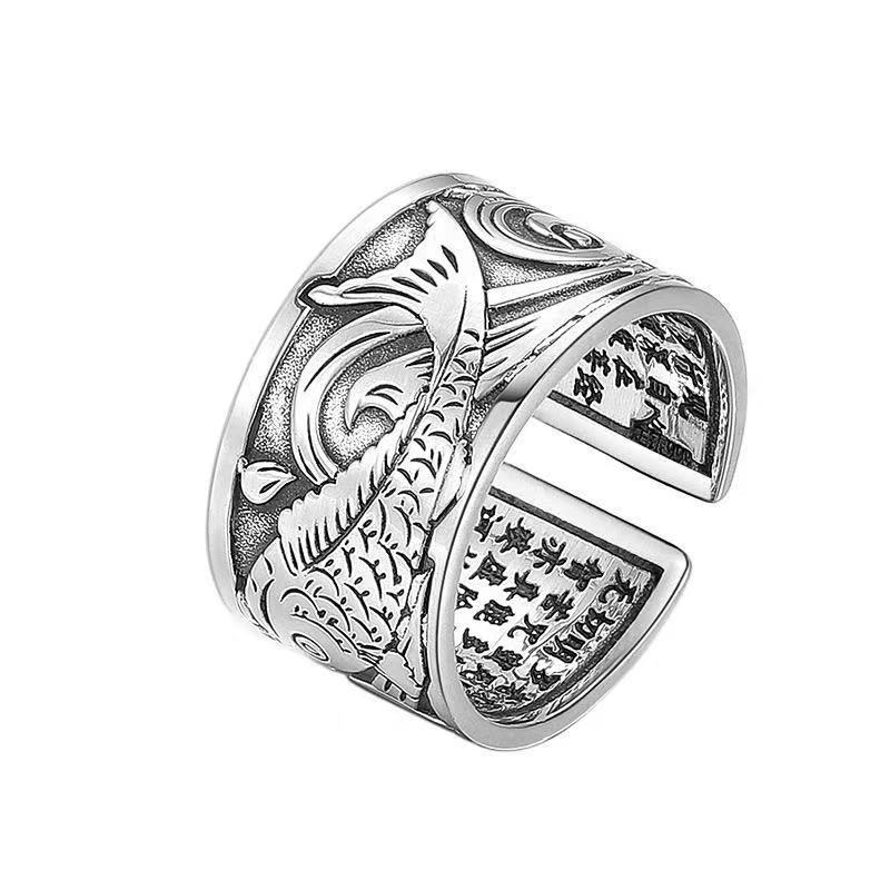 koi fish pattern opening ring men and women good luck heart sutra opening wearing jewelry кольцо мужское