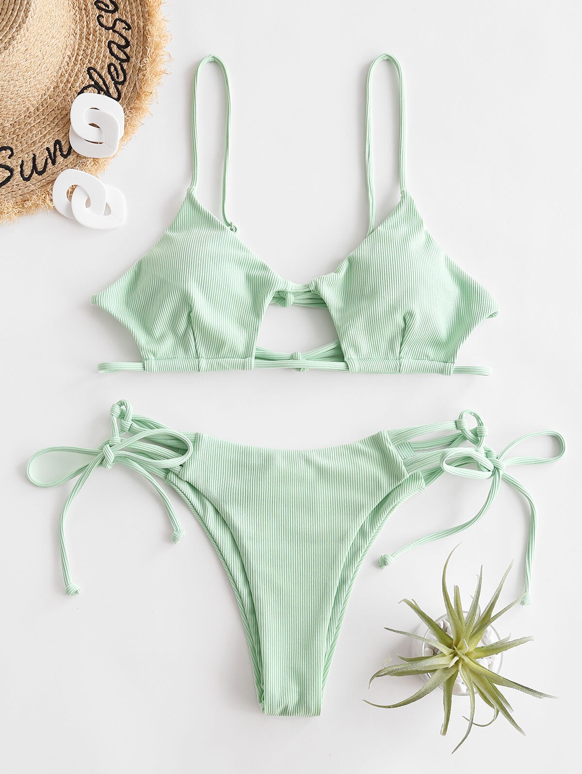 Zaful Geribbelde Hoge Cut String Bikini Badmode: L