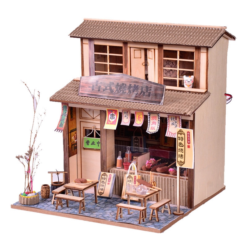 Chinese Style Japanese Style House wooden hand-assembled Street View theater DIY ornaments food and play model toys: ZH014