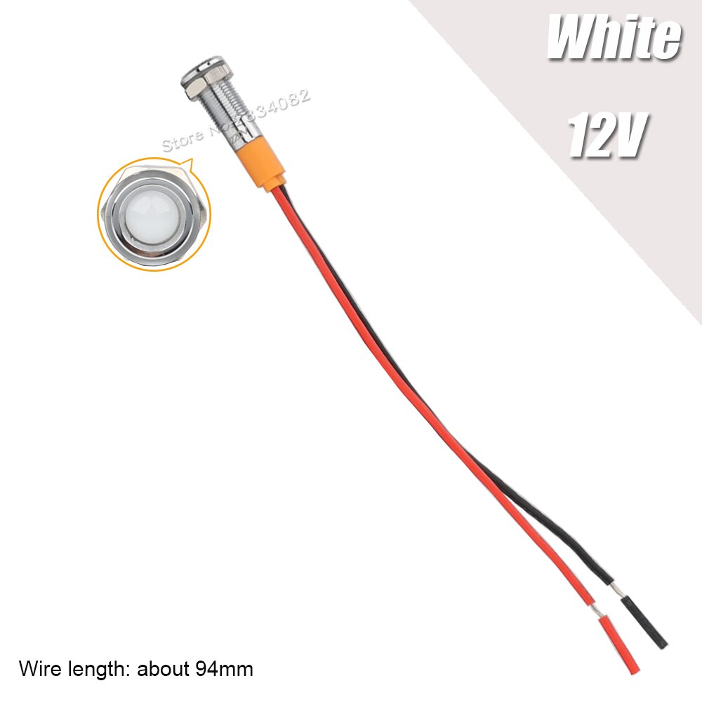 6mm Metal Indicator light LED Signal Lamp Warning light with Wire 6V 12V 24V 220V 110V Red yellow green blue white Waterproof: 12v White