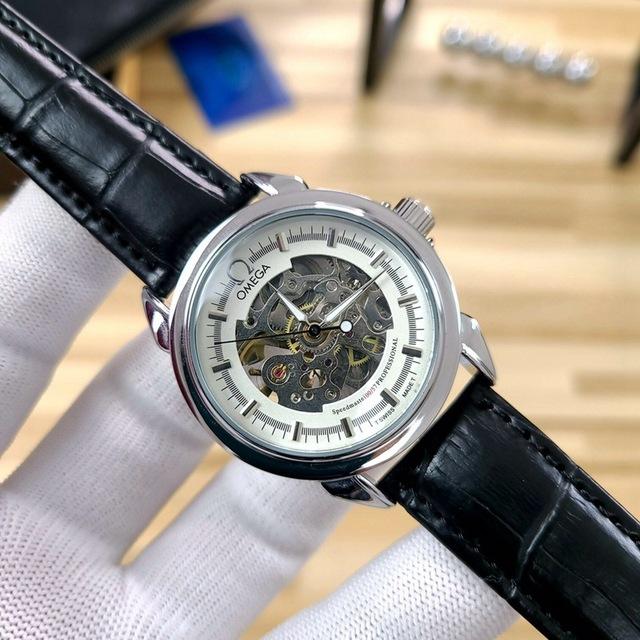 Omega- Brand Automatische Mechanische 007 Horloges Mannen Waterdichte Skeleton Polshorloge Met Vrouwen Mannen Lederen Band: 7
