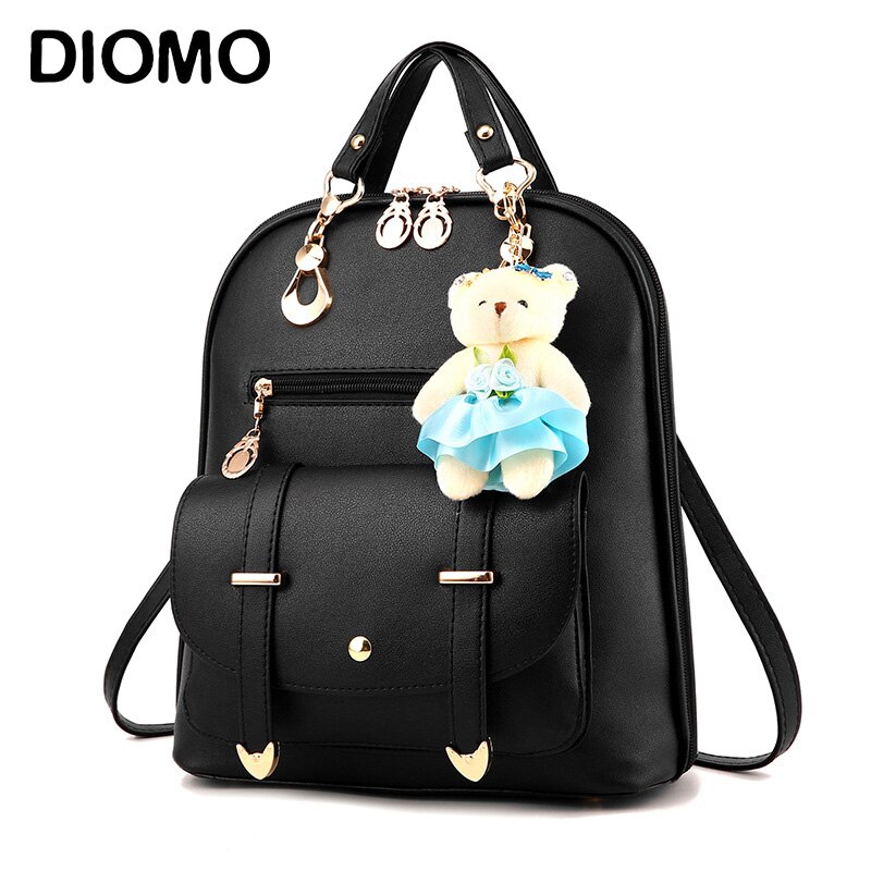 DIOMO Women Backpack Casual Cute for Girl School Bag Pu Leather Bear Pendant Multi-color Optional