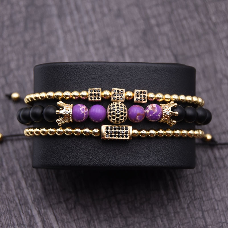 Golden Cz Bal & Crown Mannen Armbanden 8Mm Black Lucky Stone Kralen Armband Voor Vrouwen Mannen