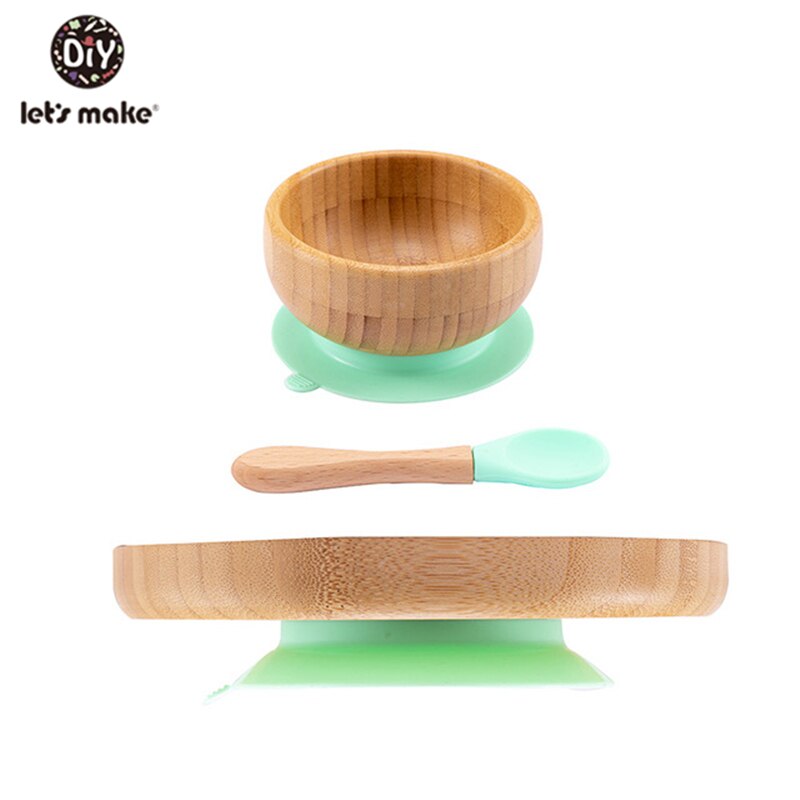 1set Baby Feeding Bamboo Bowl With Spill Proof Silicone Spoon Baby Dinner Plate Feeding Dinnerware Toddler Infant Tableware Set: green 3set