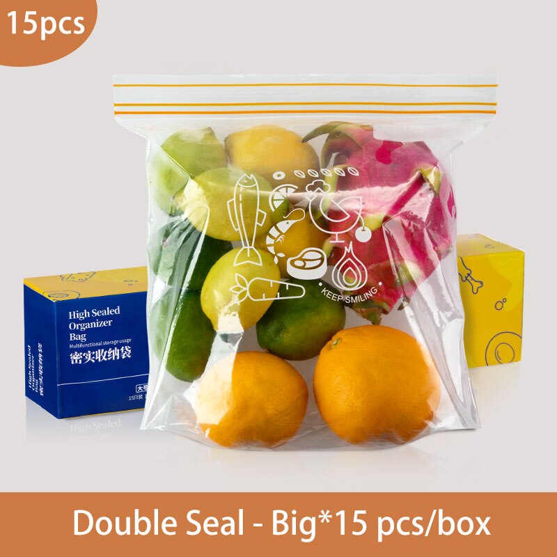 PE Food Storage Bag Leakproof Containers Reusable Stand Up Zip Shut Bag Fresh Bag Food Storage Containers Fresh-keeping Bag: Double seal L