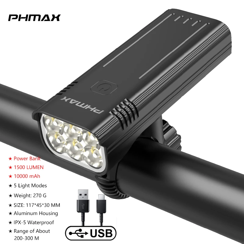 PHMAX Luce anteriore per bicicletta Faro per bici ricaricabile tramite USB 1500 lume Torcia per montagna bicicletta in alluminio impermeabile: giallo