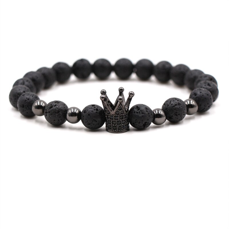 Grensoverschrijdende Europese En Amerikaanse 8Mm Natuurlijke Vulkanische Rock Essentiële Olie Energie Armband Micro Ingelegd Kroon Wit Zirkoon L: black