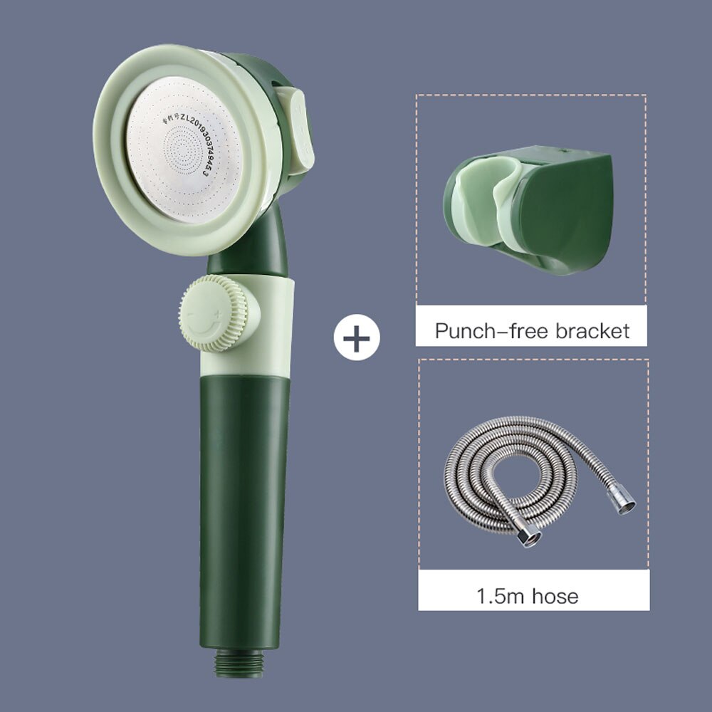 Pressurized Shower Head High Pressure Water Saving Perforated Free Bracket Hose Adjustable Bathroom Accessories Shower Set: Green suit 3