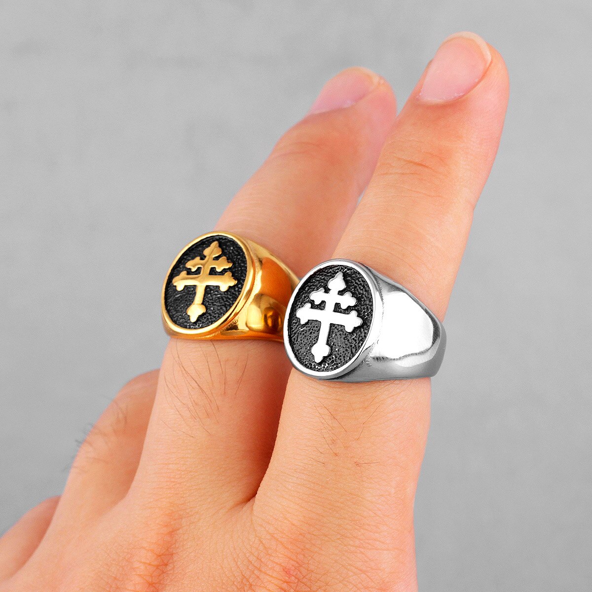 Catholic Lorraine Cross Joan of Arc Stainless Steel Mens Rings Amulet For Male Boyfriend Biker Jewelry Creativity