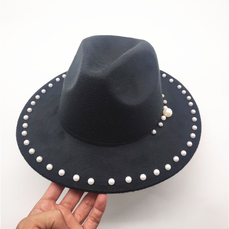 Vinter efterår kvinder afslappet uld bowler hatte panama kasketter til cowboy stor skygge beaded rhinestone jazz hatte gorros