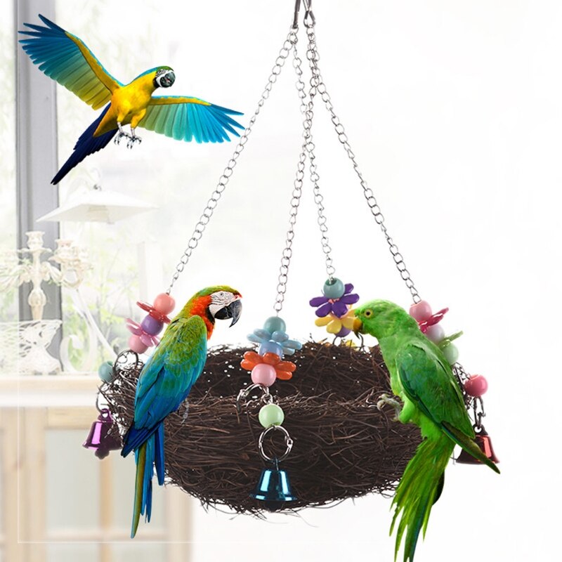 Naturlig rattan rede fuglegynge legetøj med klokker bur aborre stativ til papegøje undulat parakit cockatiel