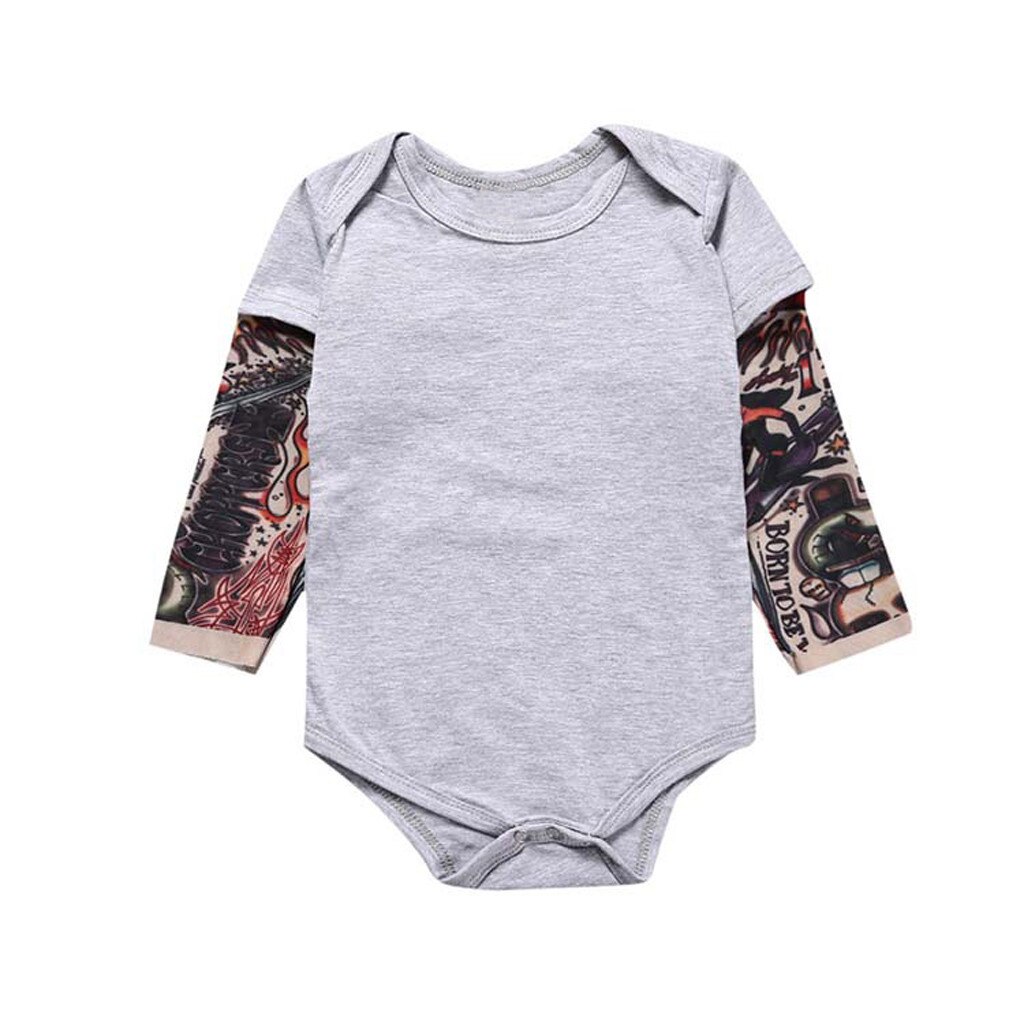 Floral Impresso Bodysuit Do inverno Do Bebê Menino Tatuagem Impresso Patchwork Manga Longa Romper Do Bebê Recém-nascido Bodysuit Outono детский костюм: Cinza / 6 m