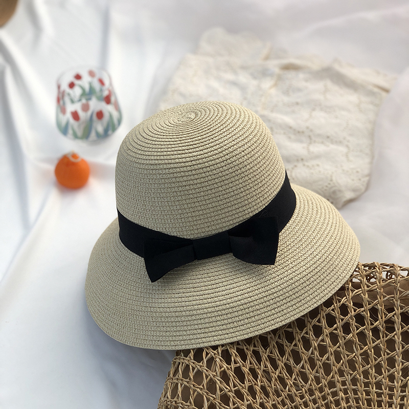 Hepburn-Sombrero de sol con lazo para mujer, sombrero de paja, sombrero de cubo, protector solar de color, sombrero de playa,