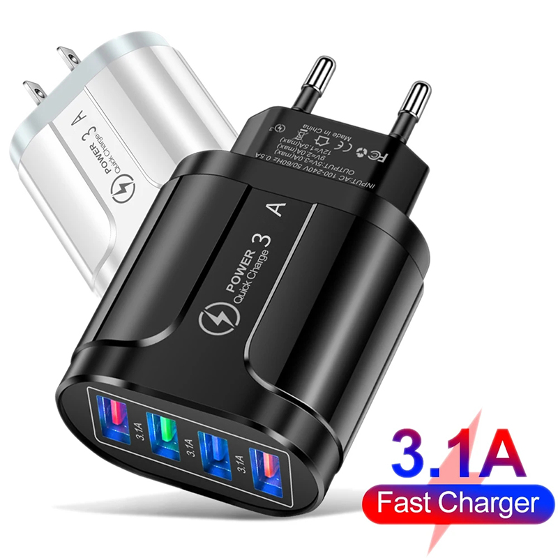 Cargador rápido QC 3,0, cargador USB 3A, carga rápida, 4 puertos, luz LED, adaptador de carga de teléfono, accesorios de cargador con enchufe de EE. UU. y UE