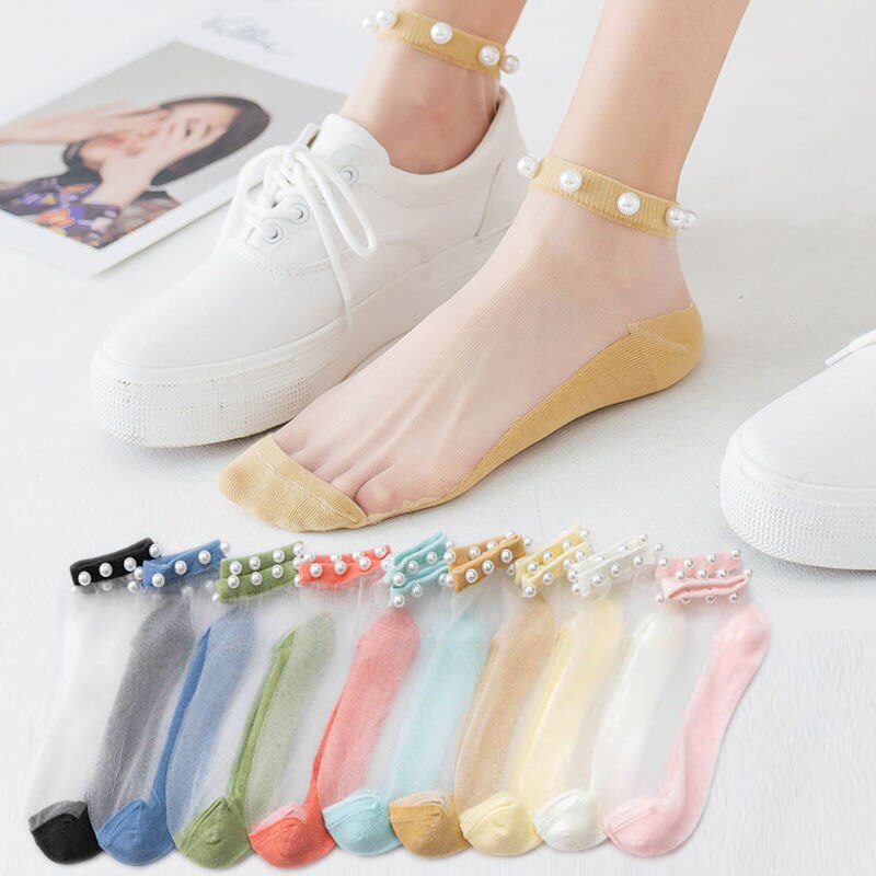 Calcetines transparentes de malla para mujer y niña, medias transparentes ultrafinas de encaje, 5 piezas, M09