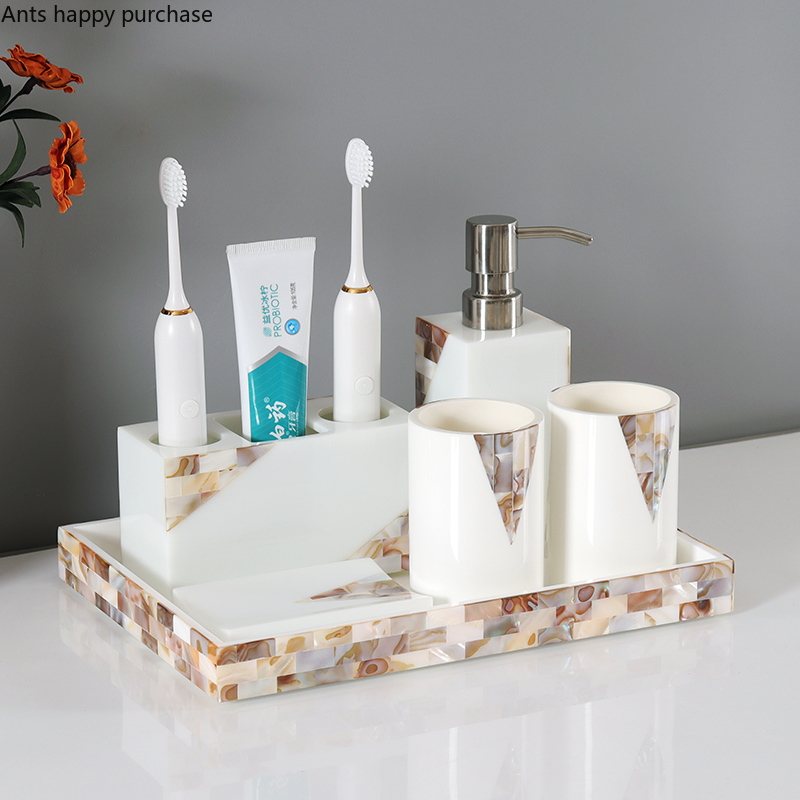 Coquille Résine Salle De Bains Ensemble Rince-bouche Tasse Lotion Bouteille Brosse À Dents Porte-Savon Porte-Boîte à Mouchoirs Aromathérapie Bouteille Boîte De Coton-Tige