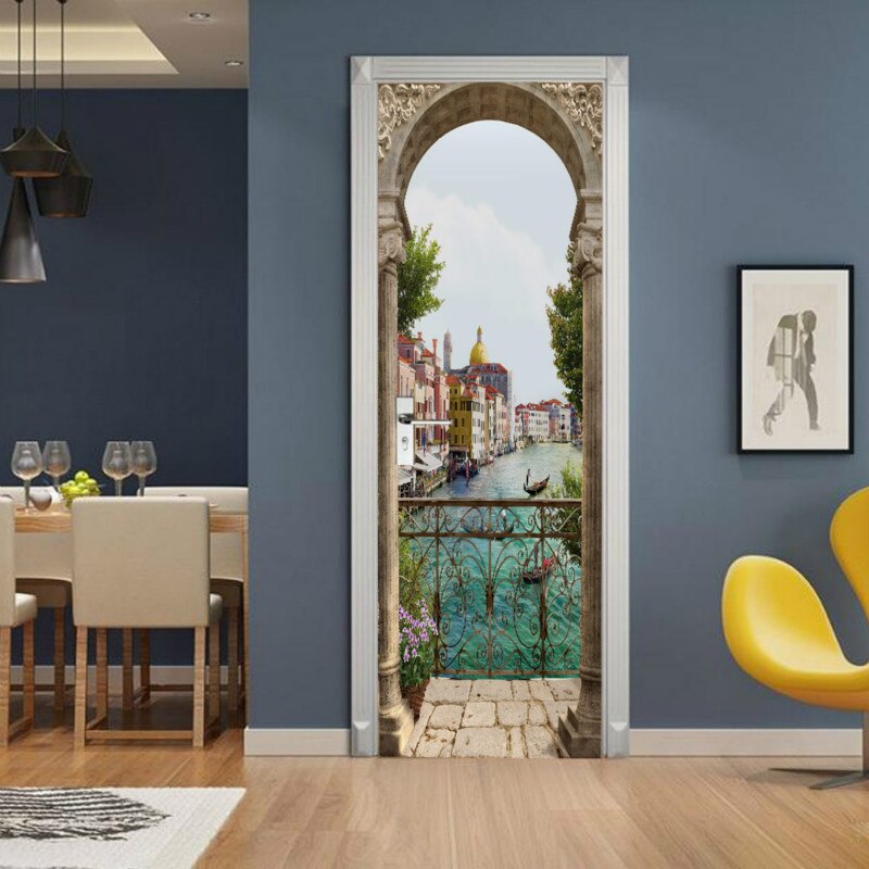 3D balcón mar paisaje puerta pegatina arte DIY pared Mural sala de estar dormitorio puerta papel tapiz PVC autoadhesivo impermeable decoración de casa: 95x215 cm