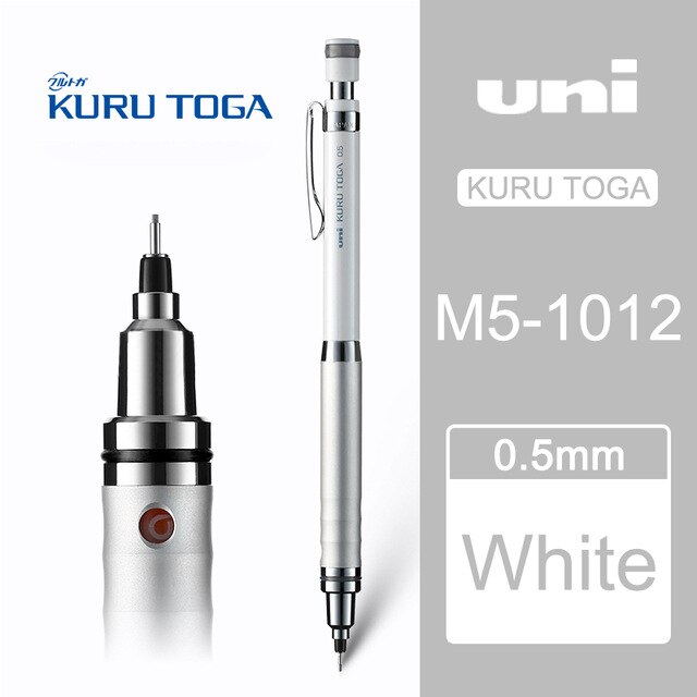 UNI Kuru Toga Metal Mechanical Pencils M5-1012 Student Art Manga Major Drawing Sketch Unbreakable Lead Core Rotatable 0.5mm: White