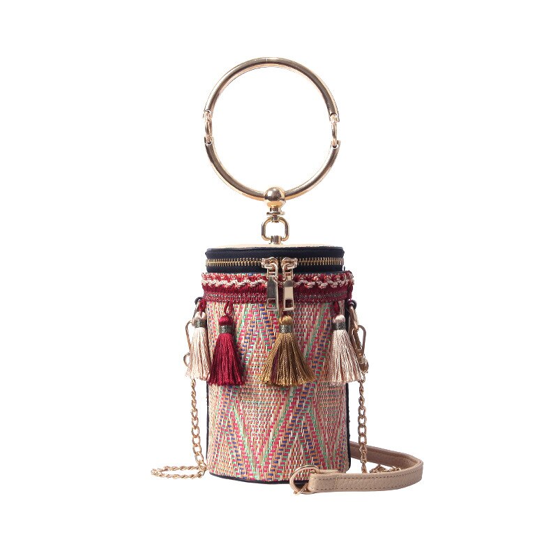 Quaste Frauen Armbänder Eimer Metall Ring Griff Tragetaschen Schulter Ketten Umhängetaschen Nationalen Striped Zipper Weibliche Handtasche